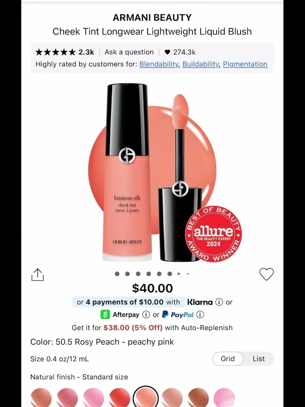 ARMANI BEAUTY Cheek Tint Longwear Lightweight Liquid Blush Rosy Peach